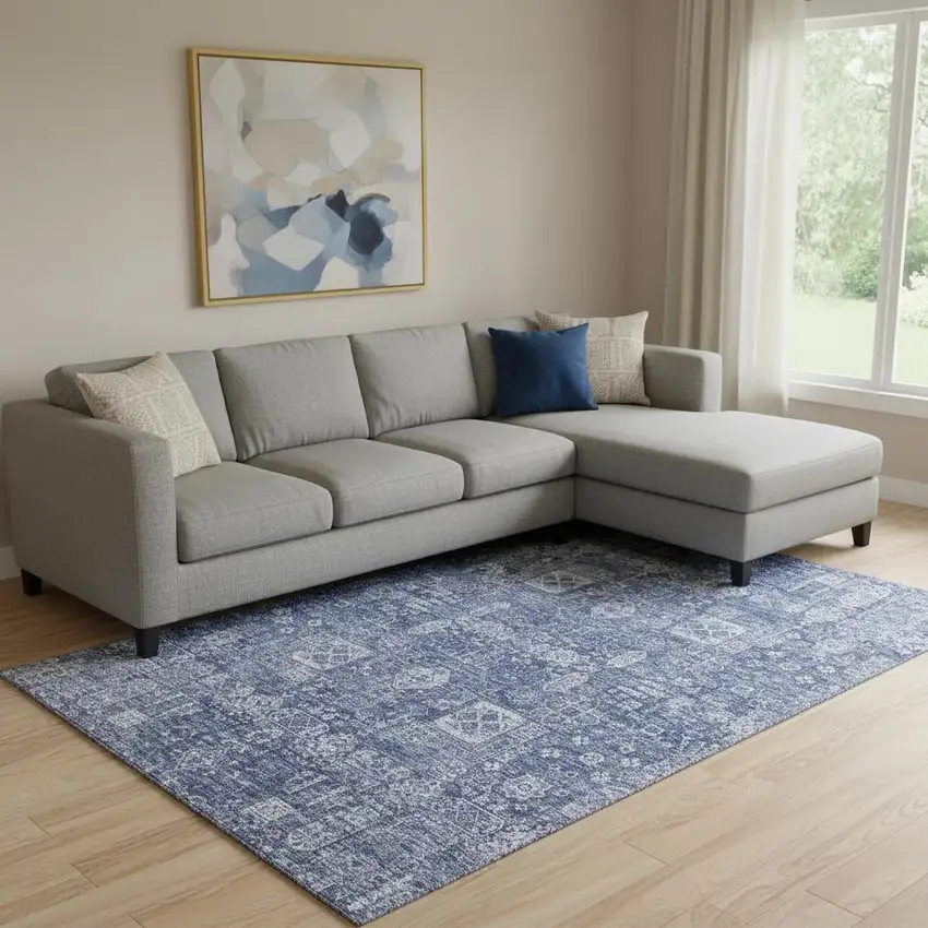 Navy Blue And Ivory Floral Washable Area Rug With UV Protection Photo 1