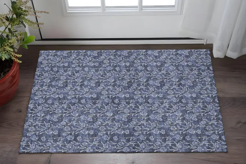 Navy Blue And Ivory Floral Washable Area Rug With UV Protection Photo 2