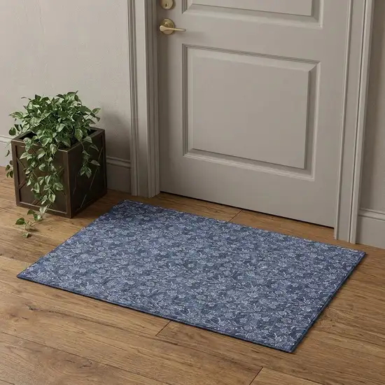 Navy Blue And Ivory Floral Washable Area Rug With UV Protection Photo 1