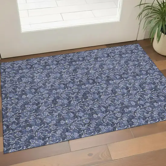 Navy Blue And Ivory Floral Washable Area Rug With UV Protection Photo 1