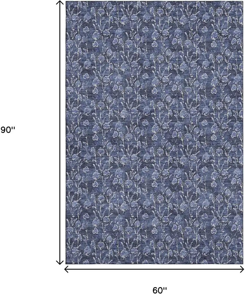 Navy Blue And Ivory Floral Washable Area Rug With UV Protection Photo 3