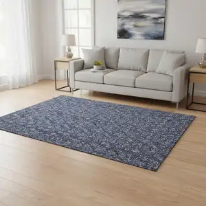 Photo of Navy Blue And Ivory Floral Washable Area Rug With UV Protection