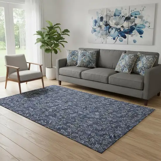 Navy Blue And Ivory Floral Washable Area Rug With UV Protection Photo 1