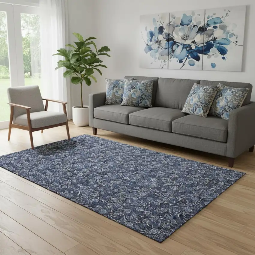 Navy Blue And Ivory Floral Washable Area Rug With UV Protection Photo 1