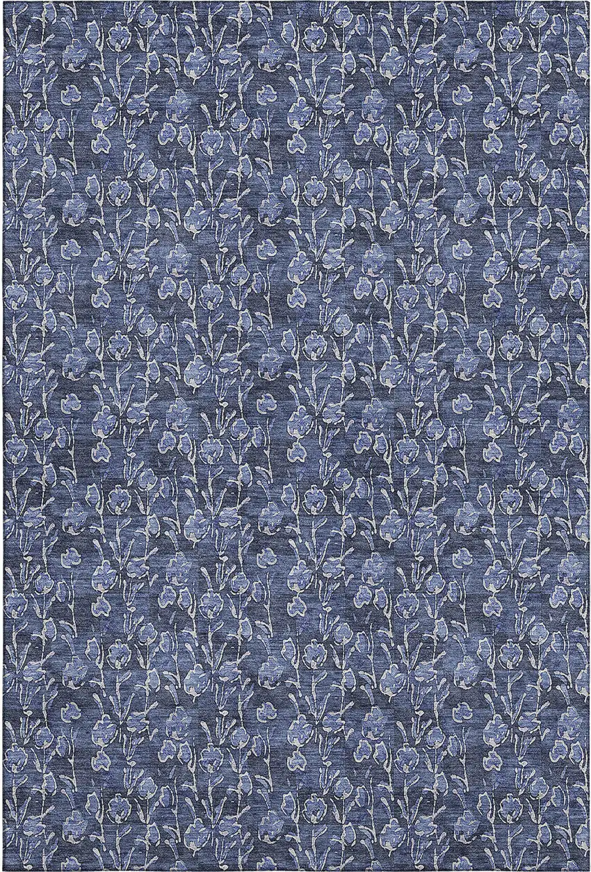 Navy Blue And Ivory Floral Washable Area Rug With UV Protection Photo 2