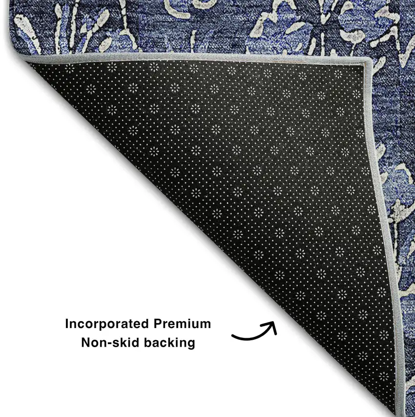 Navy Blue And Ivory Floral Washable Area Rug With UV Protection Photo 6