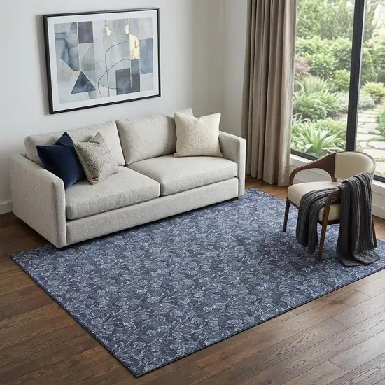 Navy Blue And Ivory Floral Washable Area Rug With UV Protection Photo 1