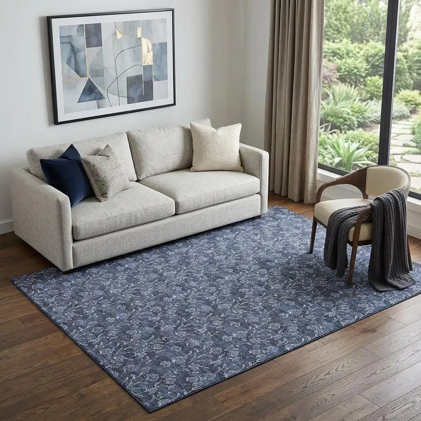 Navy Blue And Ivory Floral Washable Area Rug With UV Protection Photo 1