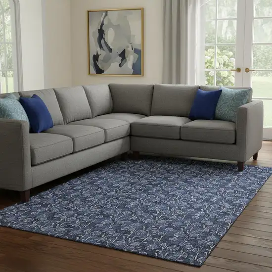 Navy Blue And Ivory Floral Washable Area Rug With UV Protection Photo 1