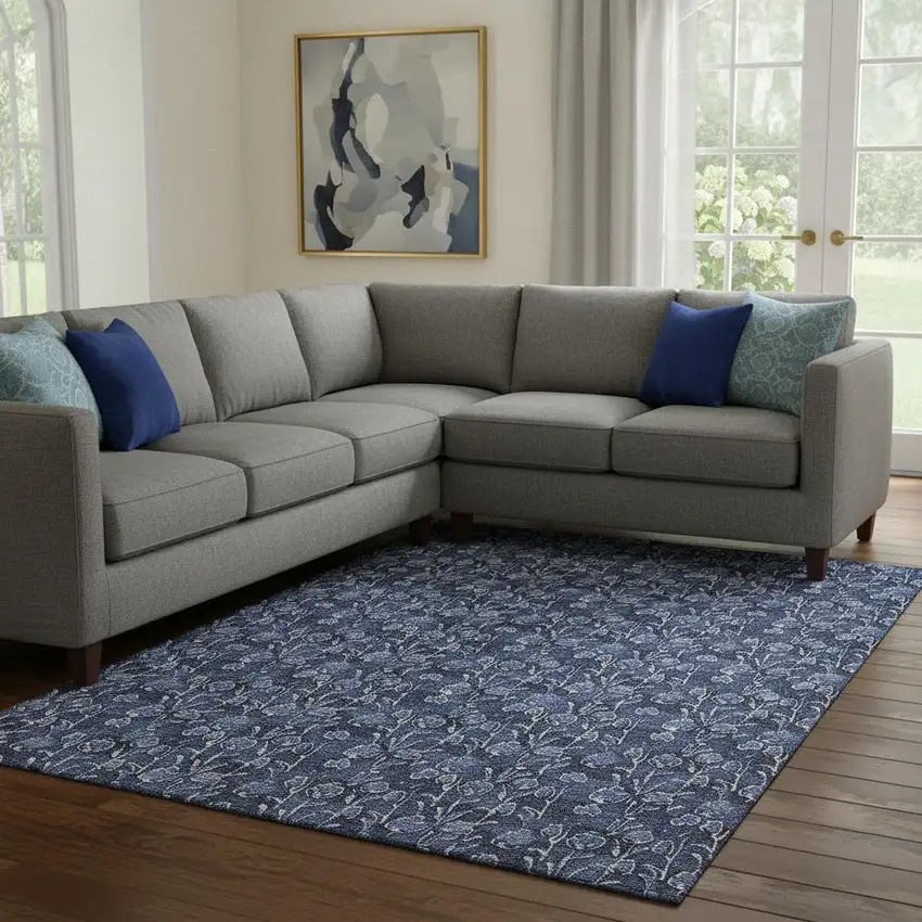 Navy Blue And Ivory Floral Washable Area Rug With UV Protection Photo 1