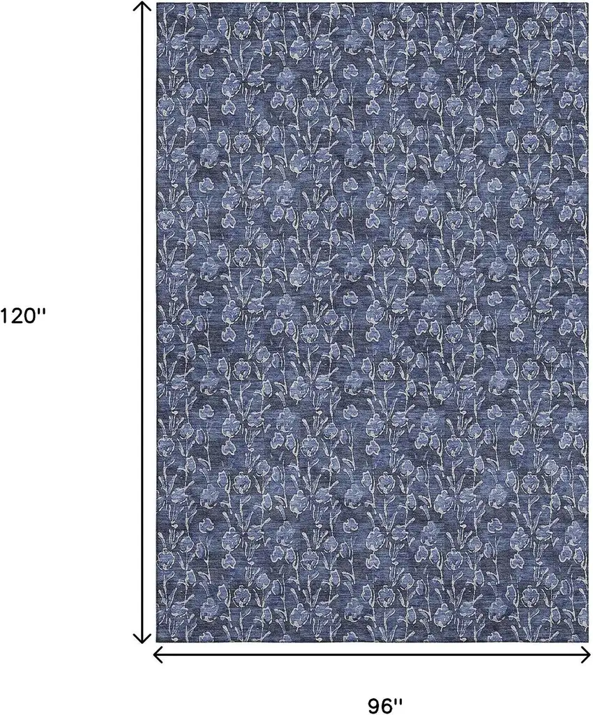 Navy Blue And Ivory Floral Washable Area Rug With UV Protection Photo 3