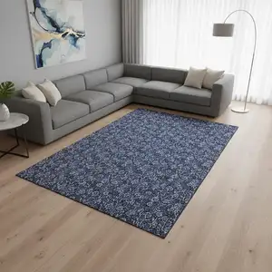 Photo of Navy Blue And Ivory Floral Washable Area Rug With UV Protection