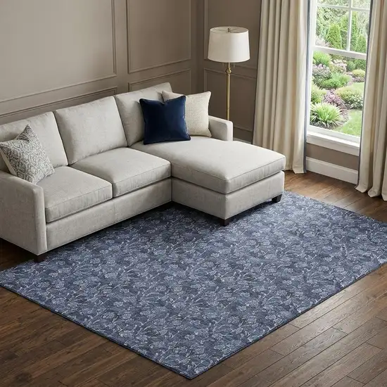 Navy Blue And Ivory Floral Washable Area Rug With UV Protection Photo 1