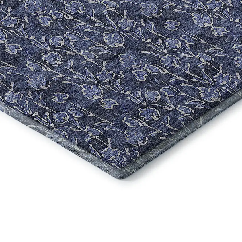Navy Blue And Ivory Floral Washable Area Rug With UV Protection Photo 7