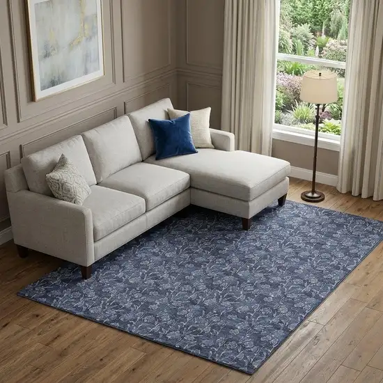 Navy Blue And Ivory Floral Washable Area Rug With UV Protection Photo 1