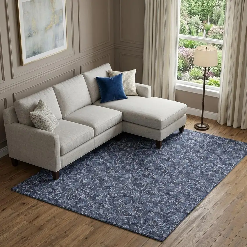 Navy Blue And Ivory Floral Washable Area Rug With UV Protection Photo 1