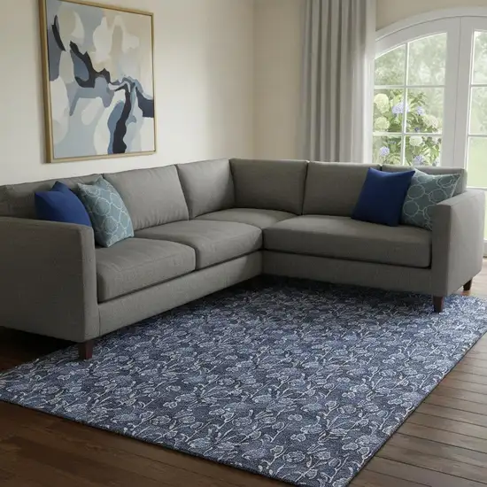 Navy Blue And Ivory Floral Washable Area Rug With UV Protection Photo 1