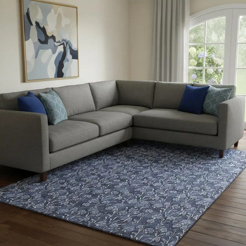 Navy Blue And Ivory Floral Washable Area Rug With UV Protection Photo 1