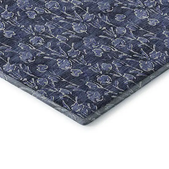 Navy Blue And Ivory Floral Washable Area Rug With UV Protection Photo 8
