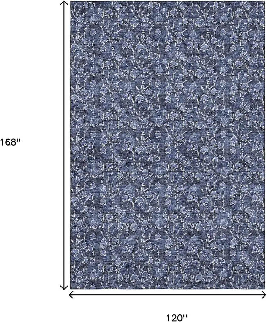 Navy Blue And Ivory Floral Washable Area Rug With UV Protection Photo 3