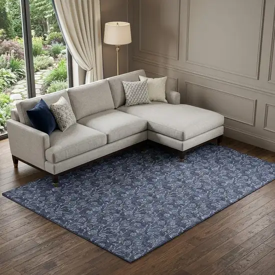 Navy Blue And Ivory Floral Washable Area Rug With UV Protection Photo 1