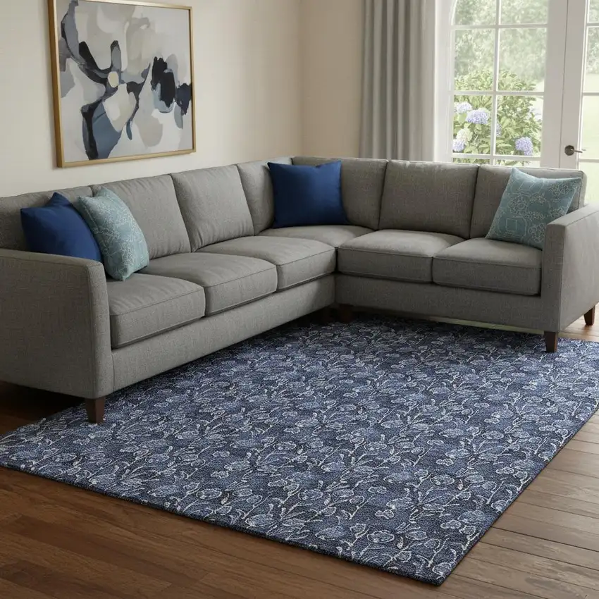 Navy Blue And Ivory Floral Washable Area Rug With UV Protection Photo 1