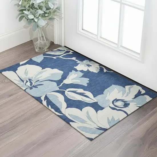 Navy Blue And Ivory Floral Washable Area Rug With UV Protection Photo 1