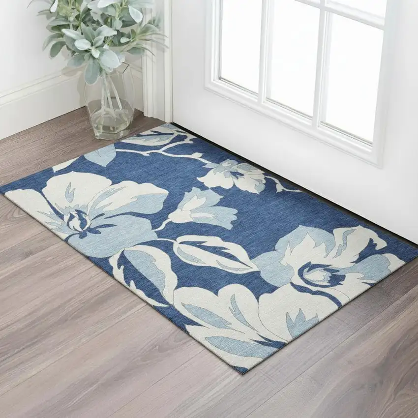Navy Blue And Ivory Floral Washable Area Rug With UV Protection Photo 1