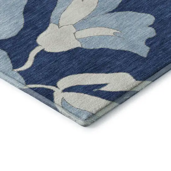 Navy Blue And Ivory Floral Washable Area Rug With UV Protection Photo 8