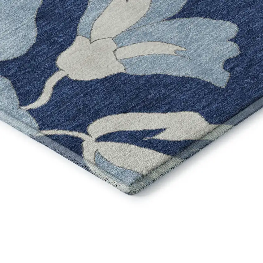 Navy Blue And Ivory Floral Washable Area Rug With UV Protection Photo 8