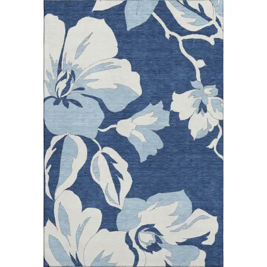 Navy Blue And Ivory Floral Washable Area Rug With UV Protection Photo 1