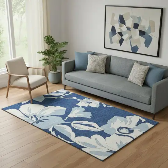 Navy Blue And Ivory Floral Washable Area Rug With UV Protection Photo 1