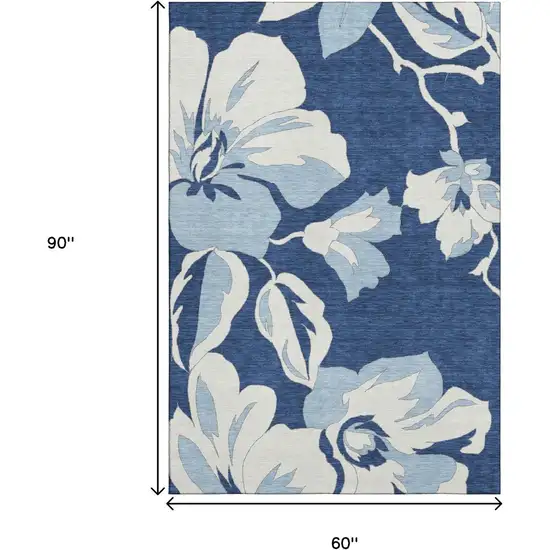 Navy Blue And Ivory Floral Washable Area Rug With UV Protection Photo 7