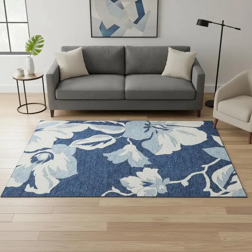 Navy Blue And Ivory Floral Washable Area Rug With UV Protection Photo 2