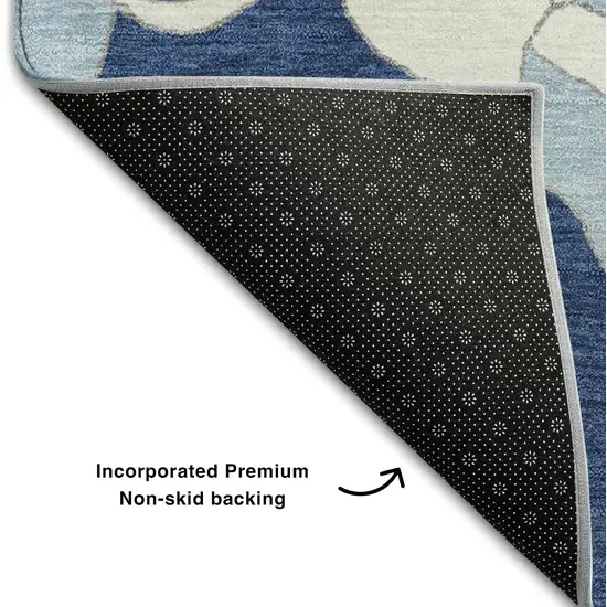 Navy Blue And Ivory Floral Washable Area Rug With UV Protection Photo 6