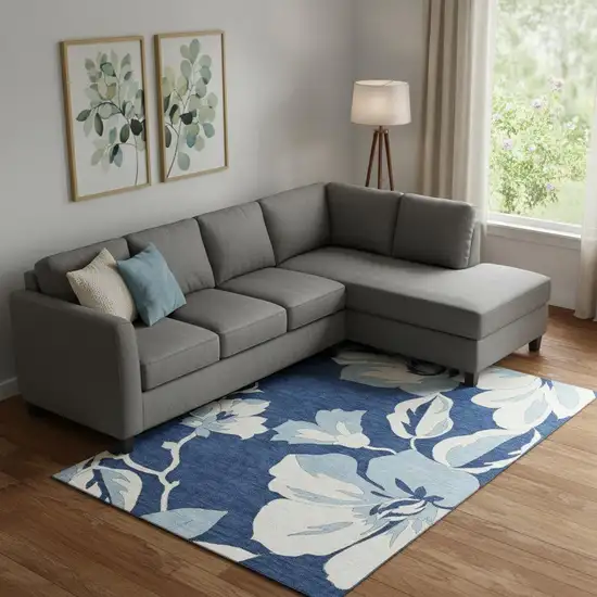 Navy Blue And Ivory Floral Washable Area Rug With UV Protection Photo 1