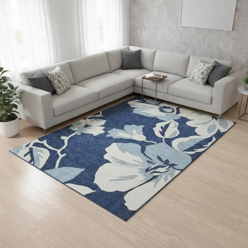 Navy Blue And Ivory Floral Washable Area Rug With UV Protection Photo 2