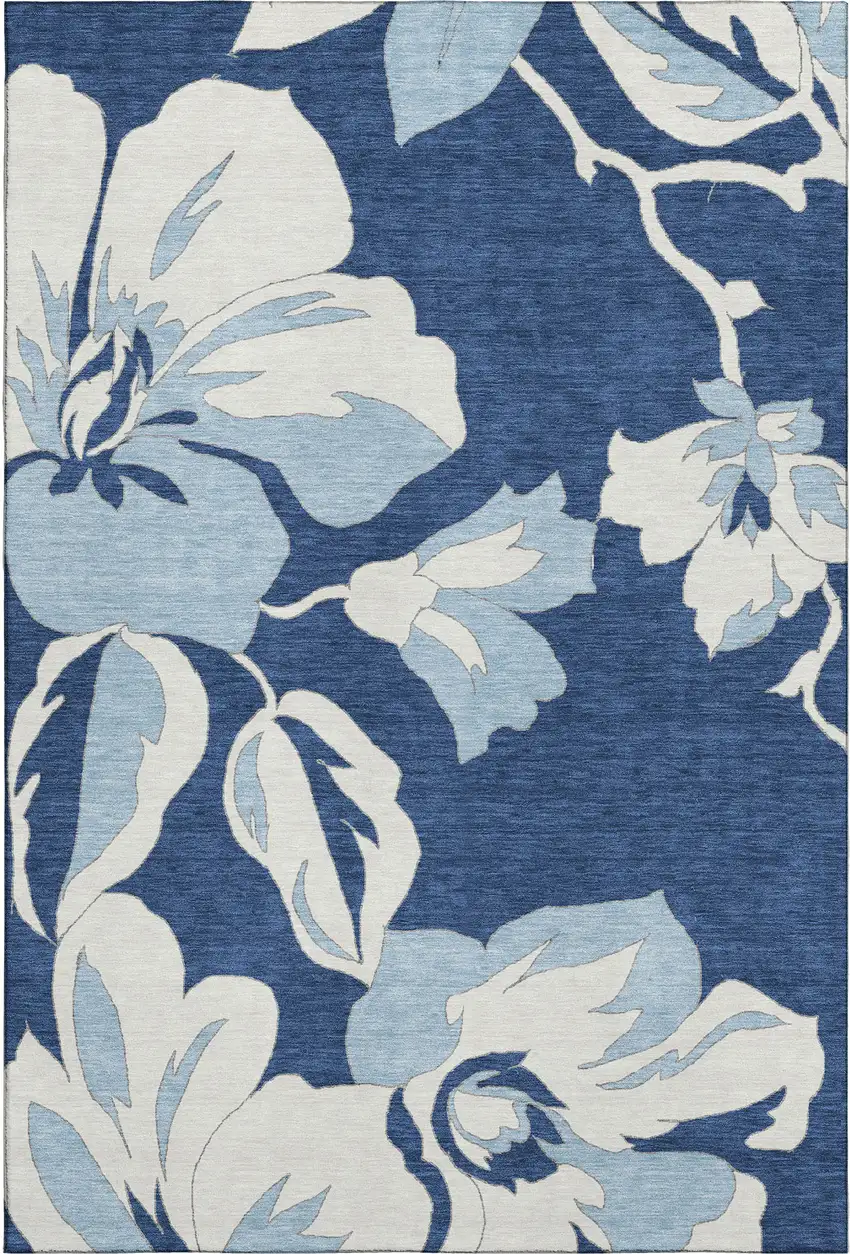 Navy Blue And Ivory Floral Washable Area Rug With UV Protection Photo 1