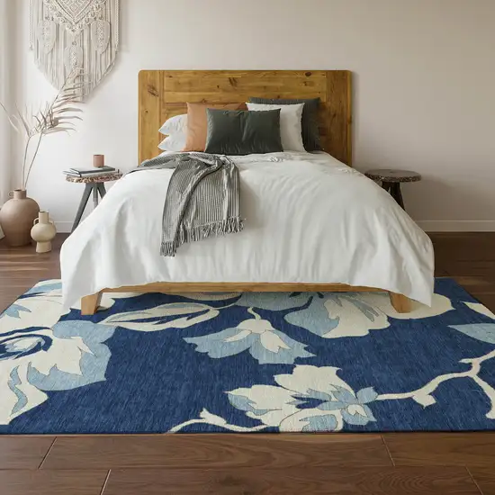 Navy Blue And Ivory Floral Washable Area Rug With UV Protection Photo 4