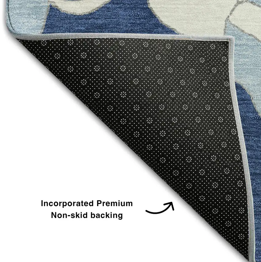 Navy Blue And Ivory Floral Washable Area Rug With UV Protection Photo 5