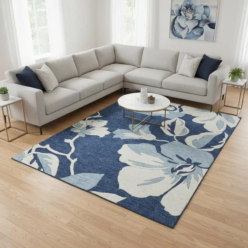 Navy Blue And Ivory Floral Washable Area Rug With UV Protection Photo 2