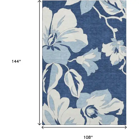 Navy Blue And Ivory Floral Washable Area Rug With UV Protection Photo 9