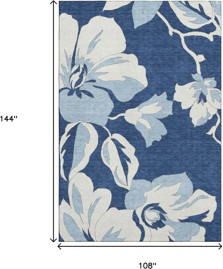 Navy Blue And Ivory Floral Washable Area Rug With UV Protection Photo 9