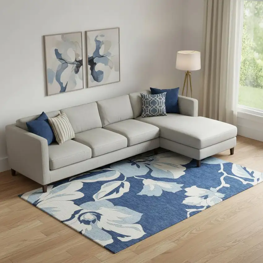 Navy Blue And Ivory Floral Washable Area Rug With UV Protection Photo 1