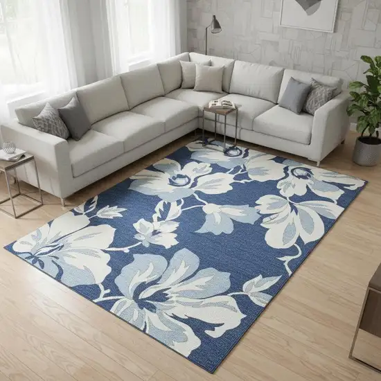 Navy Blue And Ivory Floral Washable Area Rug With UV Protection Photo 2