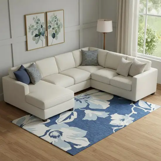 Navy Blue And Ivory Floral Washable Area Rug With UV Protection Photo 1