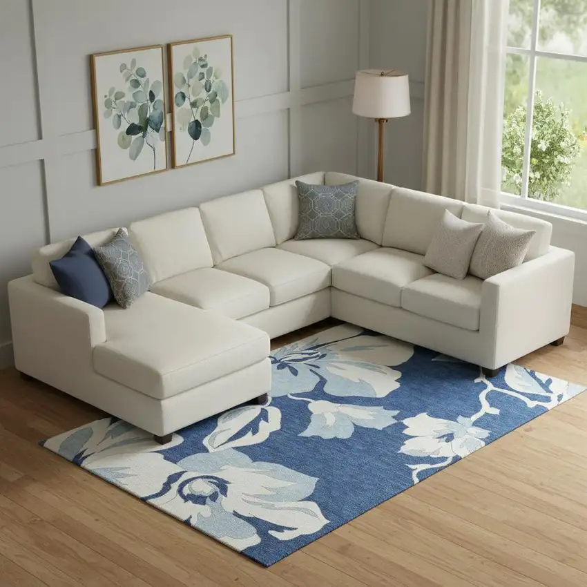 Navy Blue And Ivory Floral Washable Area Rug With UV Protection Photo 1