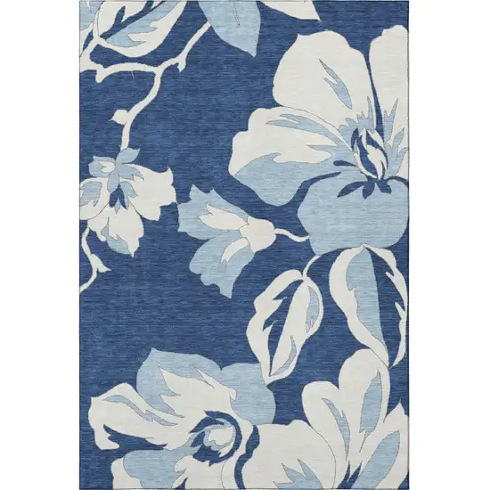 Navy Blue And Ivory Floral Washable Area Rug With UV Protection Photo 3