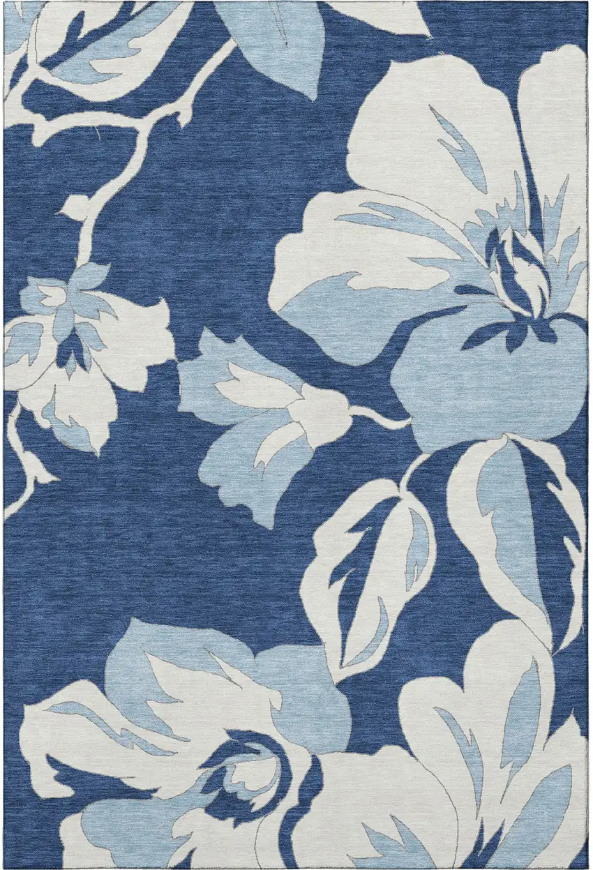 Navy Blue And Ivory Floral Washable Area Rug With UV Protection Photo 3