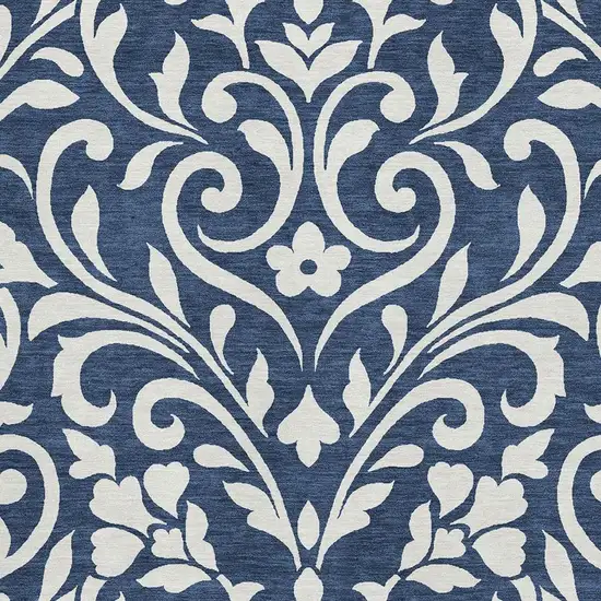 Navy Blue And Ivory Floral Washable Area Rug With UV Protection Photo 3
